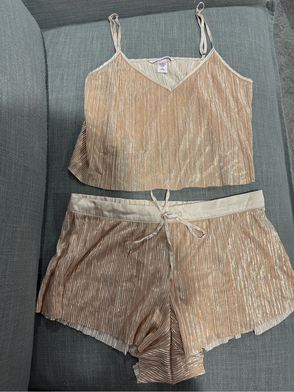 Victoria's Secretr Metallic Champagne Pleated Cami & Shorts Set